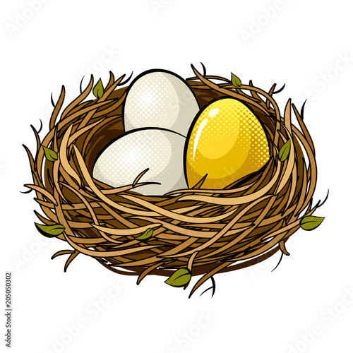 Nest with golden egg pop art vector illustration