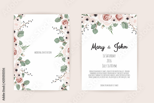 Floral Wedding Invitation. Botanical card vector Design garden pink, peach Rose flower, anemones ,green Eucalyptus, tender greenery