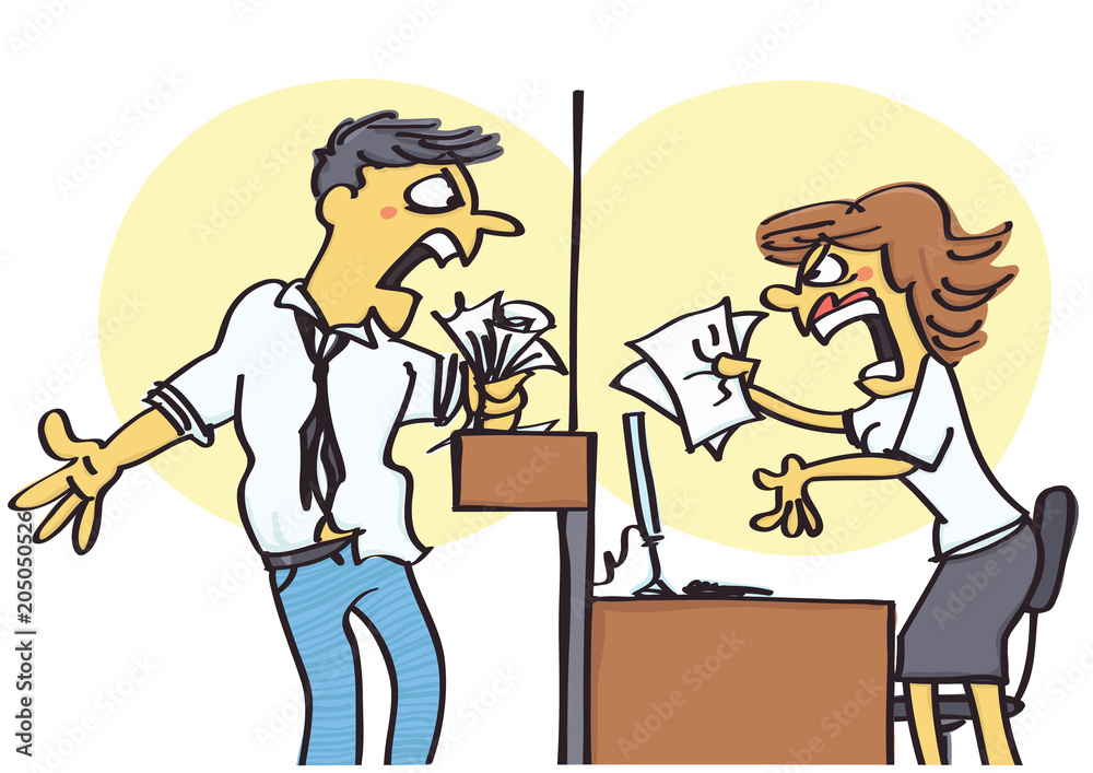 Funny vector cartoon of office clerk arguing with client, unprofessional behavior at work