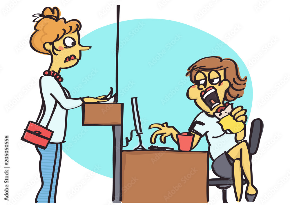 Funny vector cartoon of office counter clerk eating a sandwich in front of the client, bad behavior at work Funny vector cartoon of office counter clerk eating a sandwich in front of the client, bad behavior at work