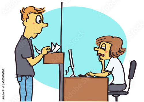 Funny vector cartoon of office clerk acting unfriendly and passive to the client, bad behavior at work