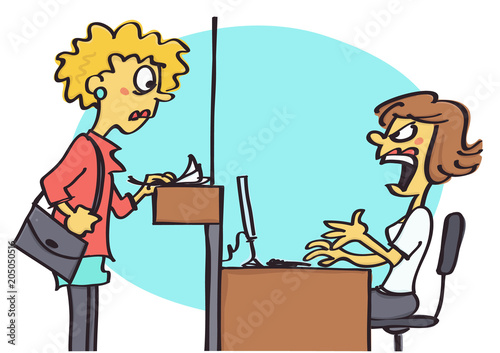 Funny vector cartoon of clerk on office counter behaving rude and aggressive towards the client, bad behavior at work
