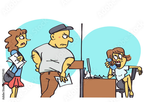 Funny vector cartoon of clerk at office counter making a private telephone call and ignoring the clients, unprofessional behavior at work