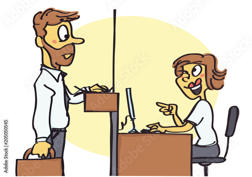 Funny vector cartoon of office clerk flirting and joking with client, unprofessional behavior at work