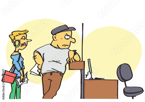 Funny vector cartoon of clients waiting for the missing clerk at the office counter, rude and unprofessional behavior at work