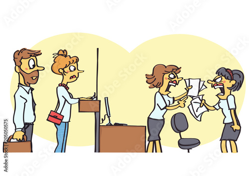 Funny vector cartoon of two office clerks arguing in front of the clients, unprofessional behavior at work