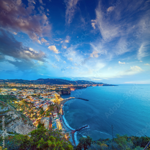 Aerial sunset view of coastline Sorrento and Gulf of Naples, Italy