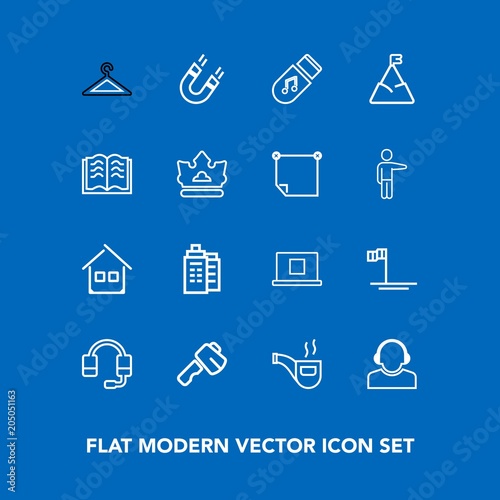Modern, simple vector icon set on blue background with profile, beach, clothes, science, screwdriver, internet, retro, classic, music, blue, baja, architecture, tobacco, pipe, business, estate icons
