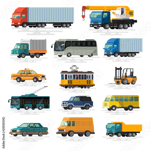 Urban, city cars and vehicles transport vector flat icons set.