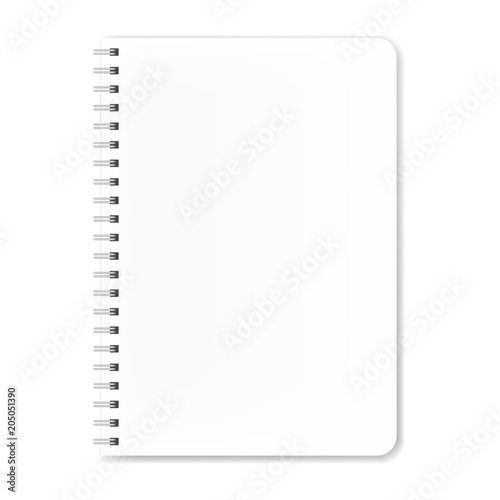 Realistic spiral white notebook with rounded corners mock up, copybook blank cover. Clear notebook front page or clean page with shadow mockup for business concept, presentation design