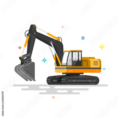 Illustration with flat industrial excavator.