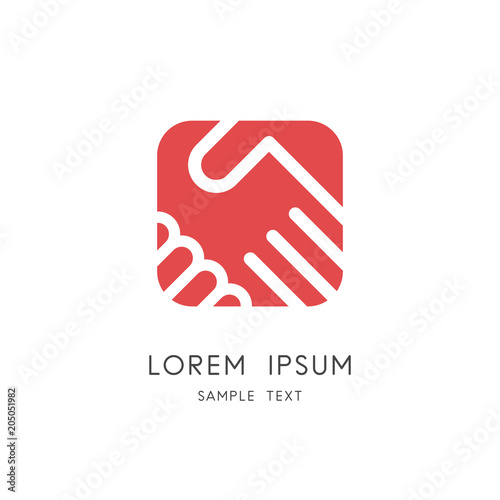 Cooperation business logo - two hands make a deal on the red square background. Handshake, partnership and teamwork vector icon.