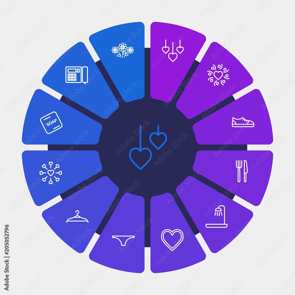 Fototapeta premium hotel, clothes, valentine Infographic Circle outline Icons Set. Contains such Icons as underwear, decoration, spring, solid, white, shape, female, shower and more. Fully Editable. Pixel Perfect