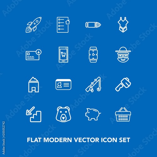 Modern, simple vector icon set on blue background with tool, contract, construction, up, sale, market, down, estate, id, real, identification, reel, identity, store, rod, bear, nature, space icons