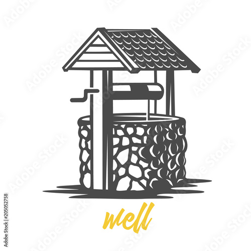 Wooden water well. Black and white illustration.