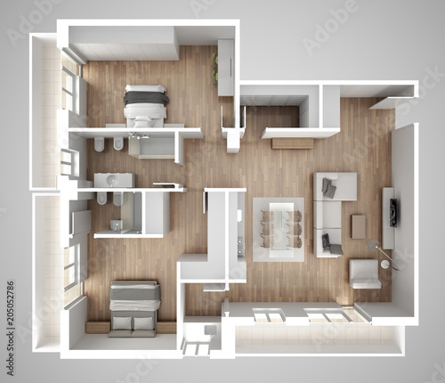Apartment flat top view, furniture and decors, plan, cross section interior design, architect designer concept idea, gray background
