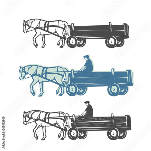 Horse with cart. Black and white objects.
