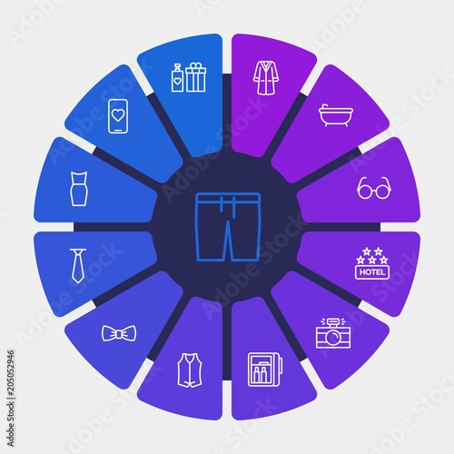 hotel, clothes, valentine Infographic Circle outline Icons Set. Contains such Icons as tie, royal, photography, refrigerator, luxury, vest, fashion, wear and more. Fully Editable. Pixel Perfect