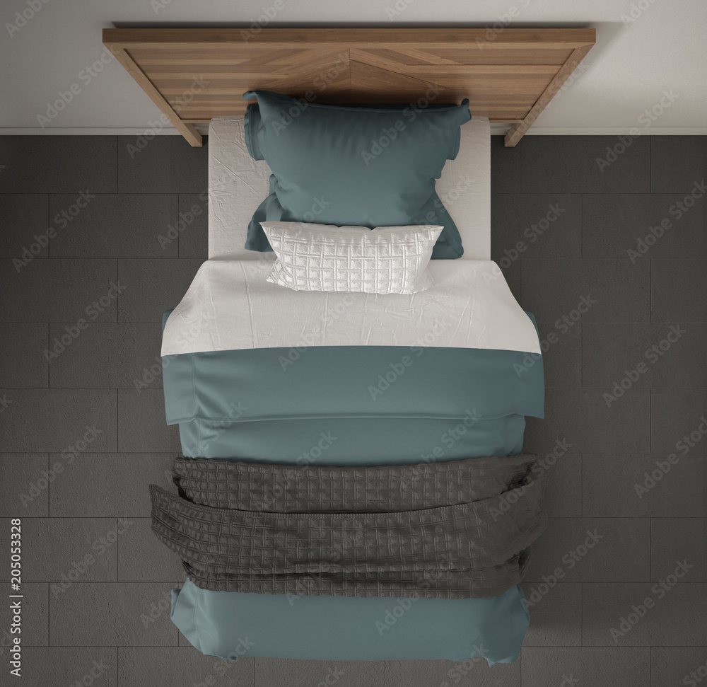 Modern bedroom, top view, closeup on single wooden, gray and blue bed