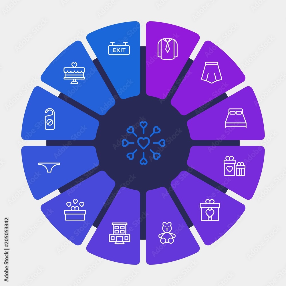 hotel, clothes, valentine Infographic Circle outline Icons Set. Contains such Icons as exit, hotel, style, teddy, panties, woman, valentine, people, box and more. Fully Editable. Pixel Perfect hotel, clothes, valentine Infographic Circle outline Icons Set. Contains such Icons as exit, hotel, style, teddy, panties, woman, valentine, people, box and more. Fully Editable. Pixel Perfect
