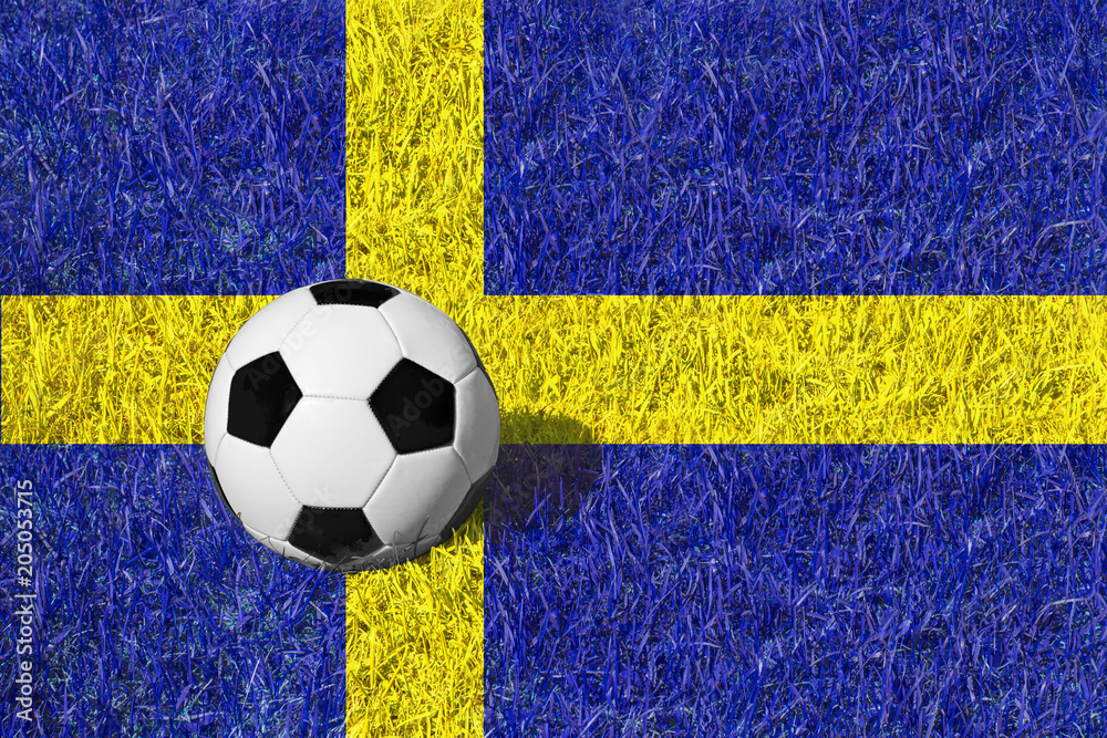 Fototapeta premium Black and white soccer ball on a meadow / grass painted in colors of national flag of Sweden, copy space for text, concept football