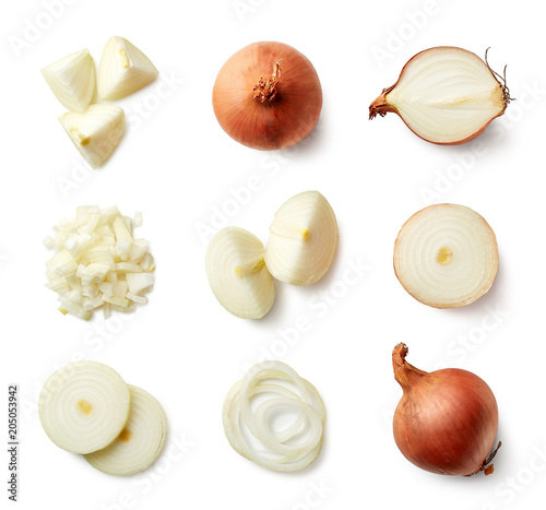 Set of fresh whole and sliced onions photo