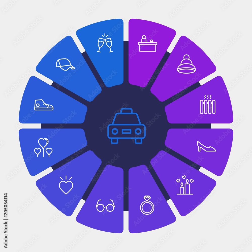 Fototapeta premium hotel, clothes, valentine Infographic Circle outline Icons Set. Contains such Icons as taxi, ring, hat, round, female, champaign, city, house, sunglasses and more. Fully Editable. Pixel Perfect