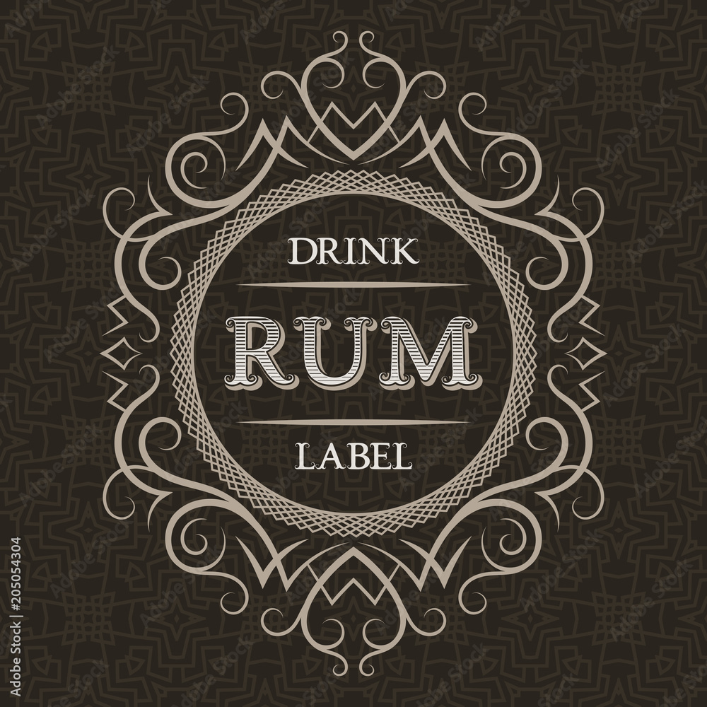Rum drink label design template. Patterned vintage frame with text on pattern background.
