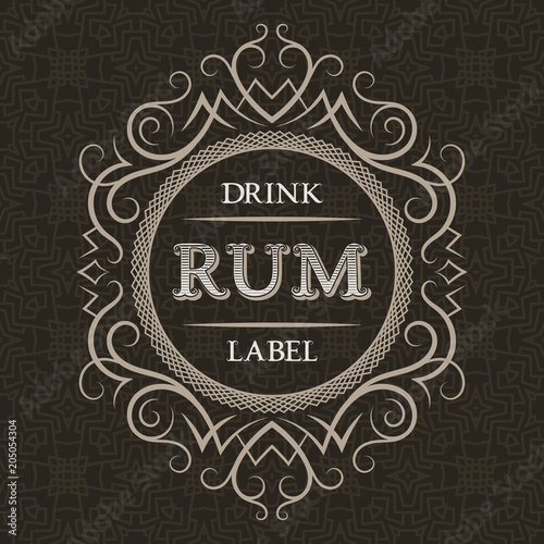 Rum drink label design template. Patterned vintage frame with text on pattern background.