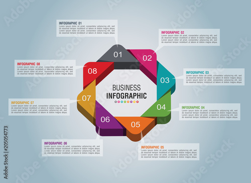 3D Infographic Template with 8 steps . Business 3D graph circle template with options for brochure, diagram, workflow, timeline, web design and marketing. Vector EPS 10