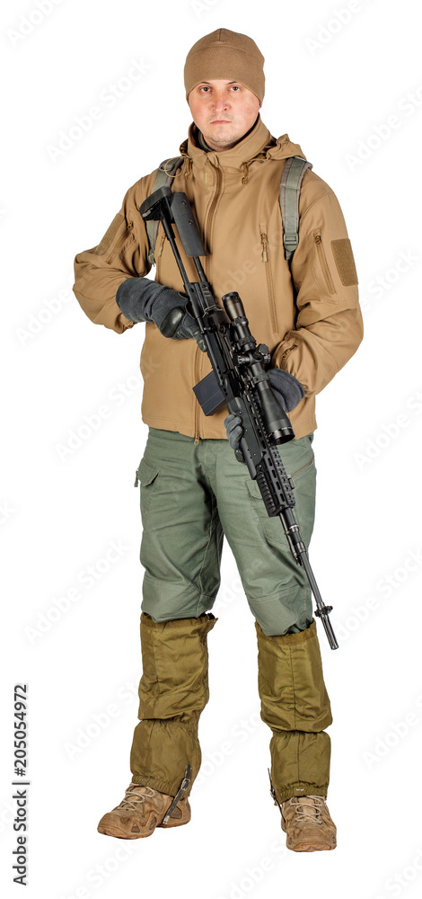young soldier or sniper holding rifle. hunting, war, army, technology and people concept young soldier or sniper holding rifle. hunting, war, army, technology and people concept