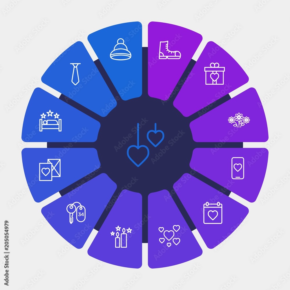 Fototapeta premium hotel, clothes, valentine Infographic Circle outline Icons Set. Contains such Icons as letter, mail, love, room, message, sign, winter, key, casual, fire and more. Fully Editable. Pixel Perfect