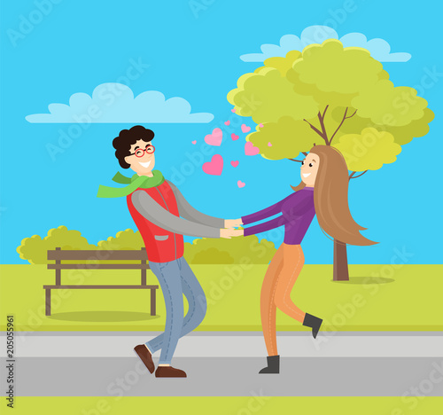Cute Lovers Merrily Hold Hands, Young Vuple Fun
