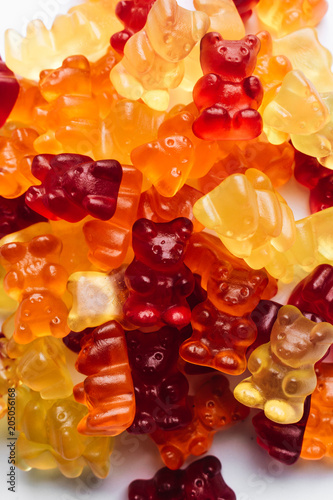 Colorful gummy bears, fruit gum candies, on white background