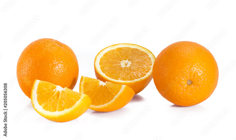 Sliced orange fruit segments isolated on white background Sliced orange fruit segments isolated on white background