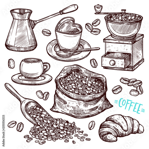 Coffee Hand Drawn Collection. Vector Sketch Illustration Set With Turk, Cups, Coffee Bag With Beans, Croissant, Coffee Mill