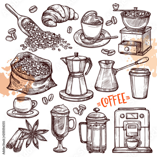 Coffee Hand Drawn Collection. Vector Sketch Illustration Set With Turk, Cups, Coffee Bag With Beans, Croissant, Coffee Mill,Coffee Maker, Kettle, Cups, Latte, Cinnamon, Star Anise