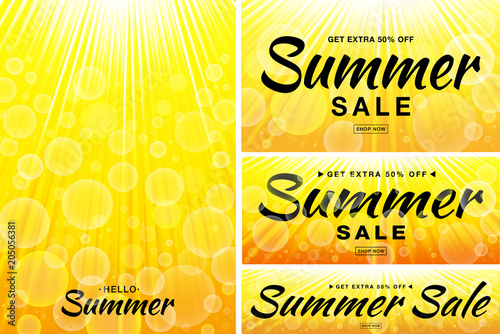 Summer sale template banners. Sun rays backgrounds. Glow horizontal and vertical sunlight yellow backdrop. Sunshine glare heat with flash rays and bubbles borders.  Vector illustration.