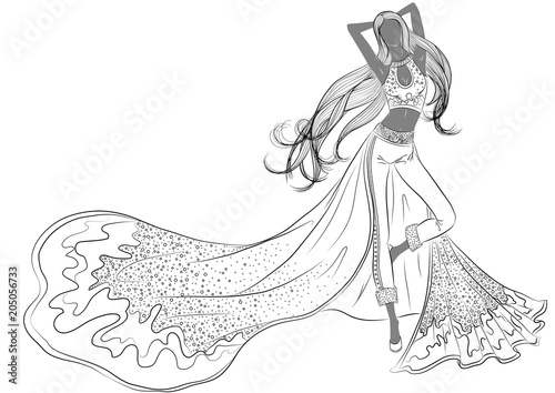 Vector illustration of a silhouette of a girl in a long evening dress with long hair. Line art isolated on white background. Coloring book page
