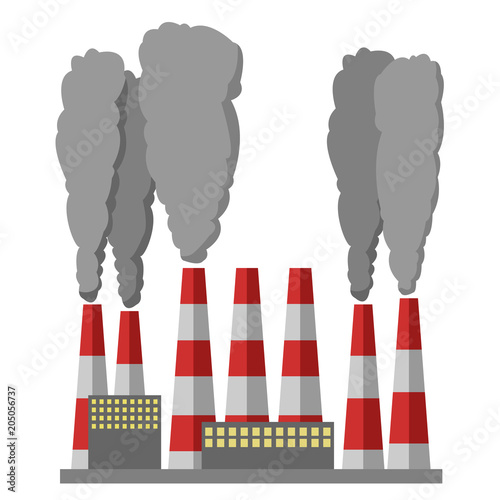 A plant with large pipes pollutes the atmosphere by blowing smoke into the air