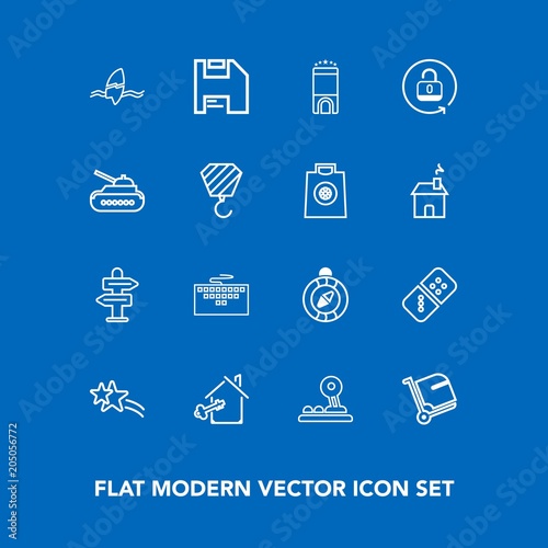 Modern, simple vector icon set on blue background with house, arrow, computer, diskette, unlock, lock, east, security, hotel, surf, technology, south, surfing, travel, falling, web, open, key icons