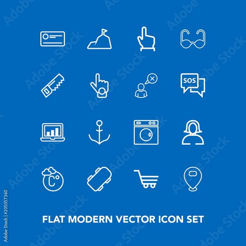 Modern, simple vector icon set on blue background with fahrenheit, skateboard, location, young, sky, landscape, ship, clean, equipment, board, computer, mountain, wheel, retail, finance, money icons