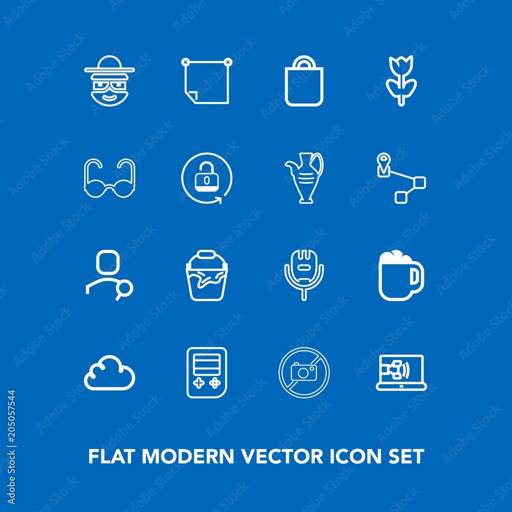 Modern, simple vector icon set on blue background with karaoke, technology, business, microphone, voice, blossom, account, present, bag, celebration, drink, mug, flower, forbidden, character icons Modern, simple vector icon set on blue background with karaoke, technology, business, microphone, voice, blossom, account, present, bag, celebration, drink, mug, flower, forbidden, character icons