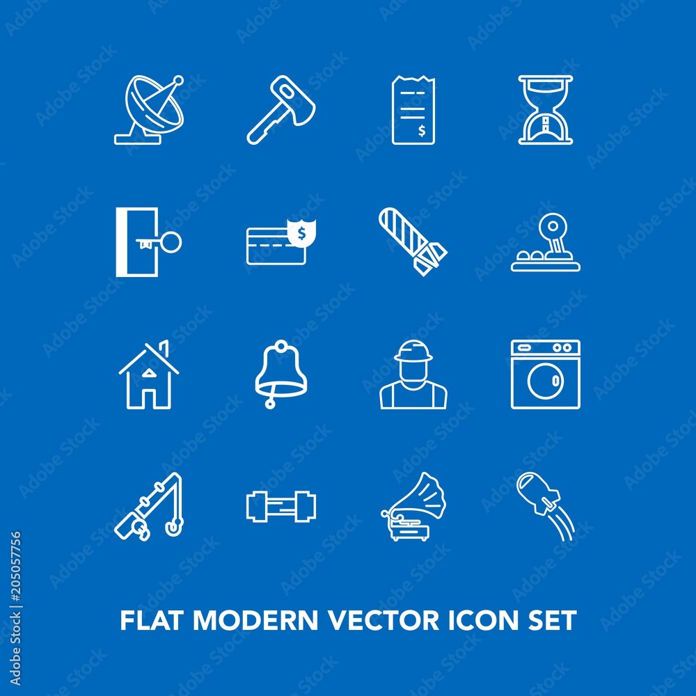 Modern, simple vector icon set on blue background with gramophone, house, record, satellite, workout, construction, reel, estate, craft, rod, vintage, bill, screwdriver, technology, finance, axe icons Modern, simple vector icon set on blue background with gramophone, house, record, satellite, workout, construction, reel, estate, craft, rod, vintage, bill, screwdriver, technology, finance, axe icons