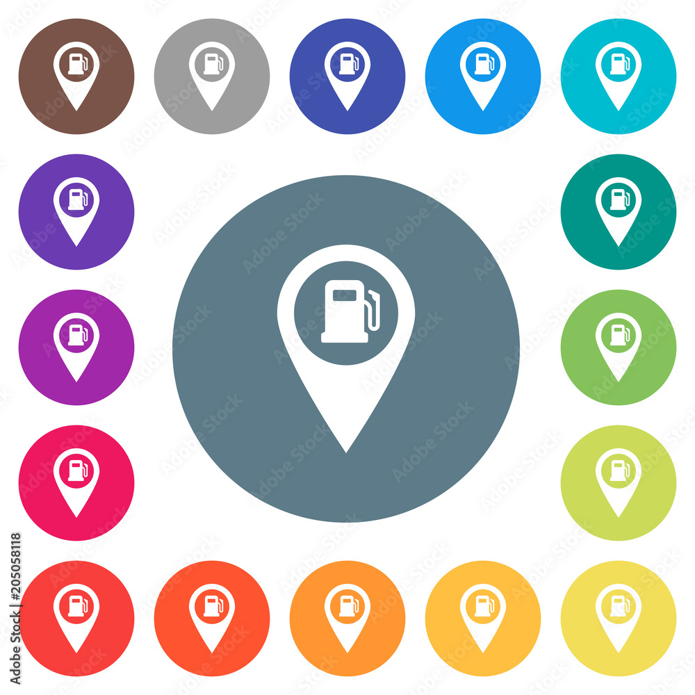 Gas station GPS map location flat white icons on round color backgrounds Gas station GPS map location flat white icons on round color backgrounds