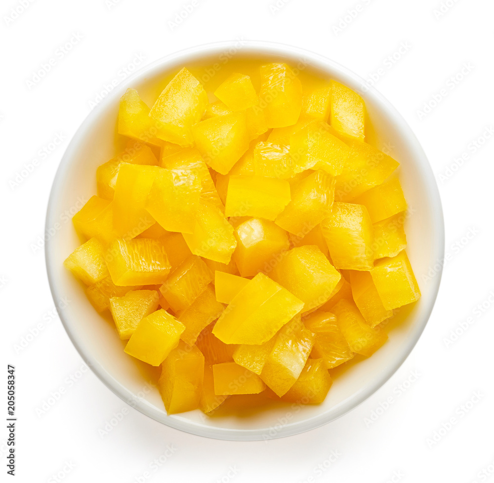 Bowl of chopped yellow bell pepper, from above