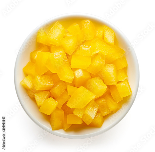 Bowl of chopped yellow bell pepper, from above