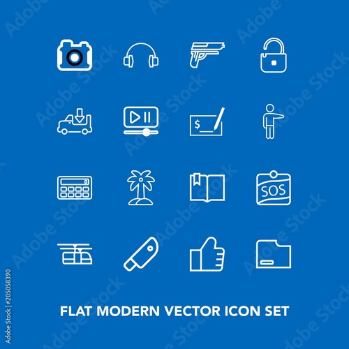 Modern, simple vector icon set on blue background with document, sky, train, paper, audio, web, firearm, photographer, camera, sign, label, click, meat, cut, book, sound, internet, calculator icons