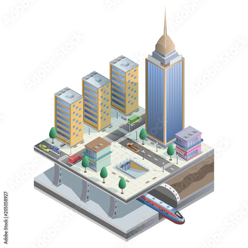 vector isometric city with metro, stores and street elements. 3D buildings