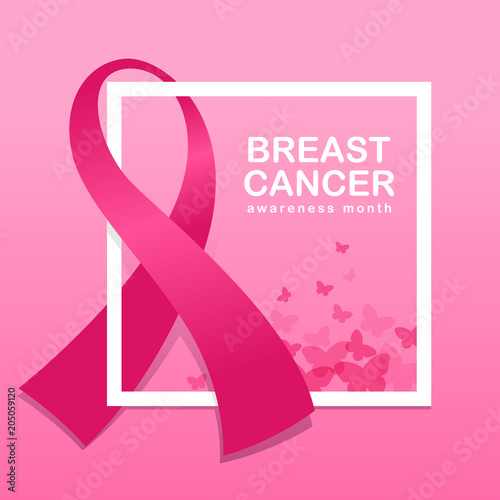 Breast cancer awareness banner with pink ribbon around white frame and butterfly on pink background vector design